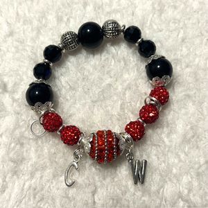 Black Beads & Red Rhinestone Beads Silver Tone Spacers Charm Bracelet
